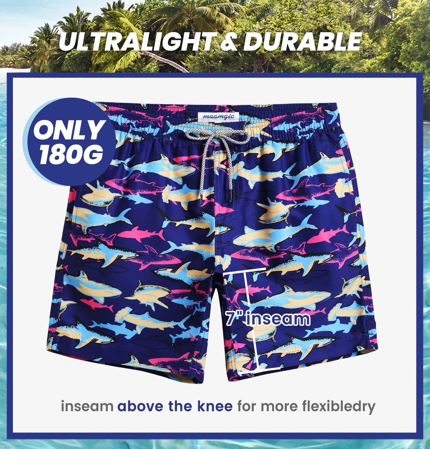 maamgic Mens Swim Trunks Quick Dry Swim Shorts with Mesh Lining Funny Swimwear Bathing Suits 7inch Colorful Shark X-Small