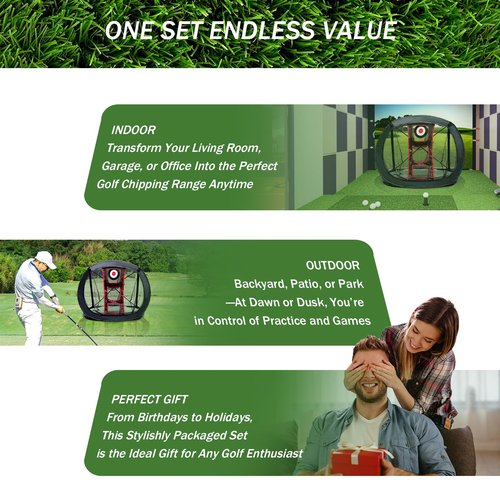 Golf Chipping Net Set with Mat & 12 Practice Balls – All-in-One Golf Training Kit – Portable, Easy Setup for Backyard & Indoor Use – Great Gift for Golfers, Kids, and Beginners