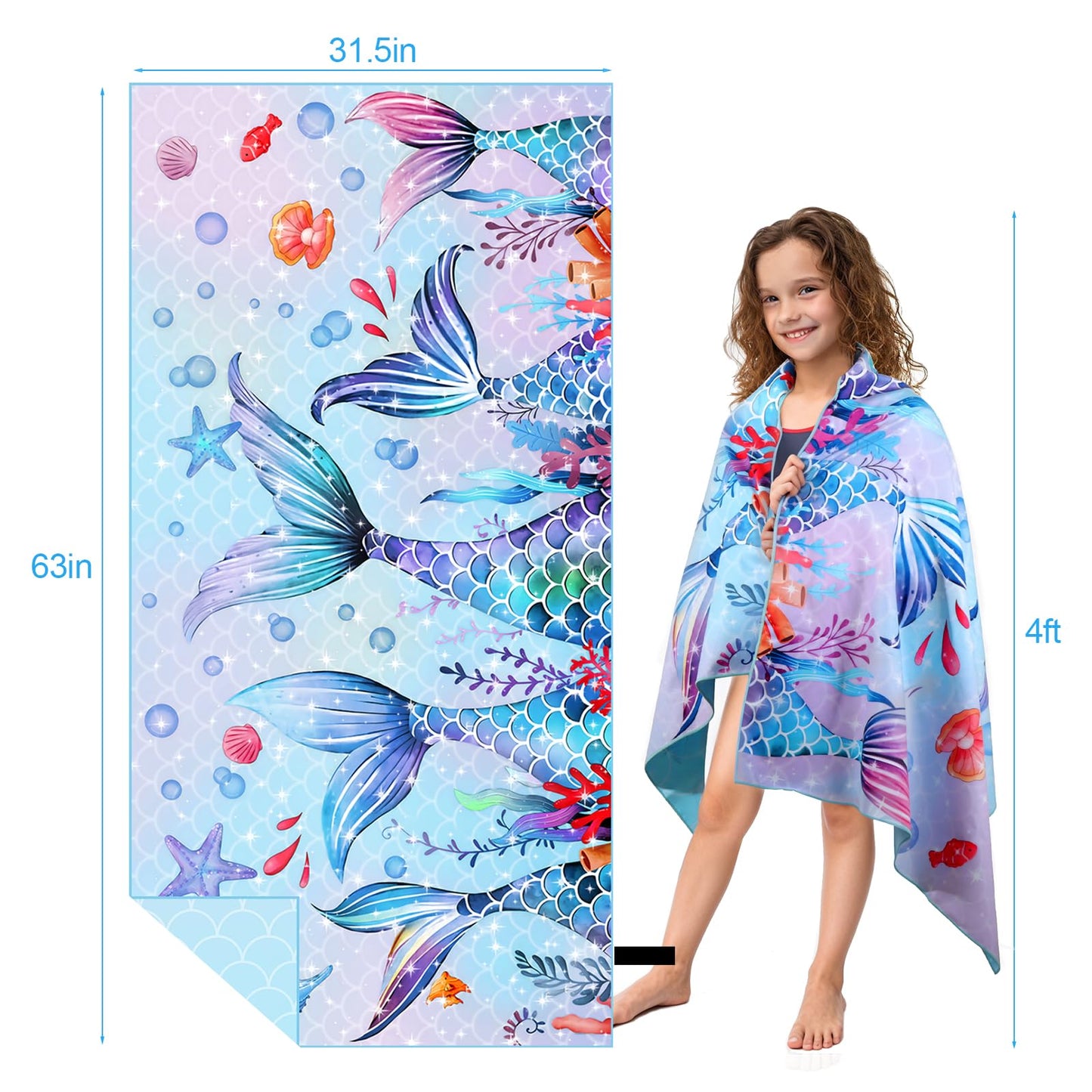 MelonBoat Mermaid Microfiber Beach Towel: Extra Large Quick Dry Beach Towel for Travel, Sand Free Super Absorbent, Thin Lightweight Compact for Kids Girls Trip Vacation Beach Bath Camping Pool Swim