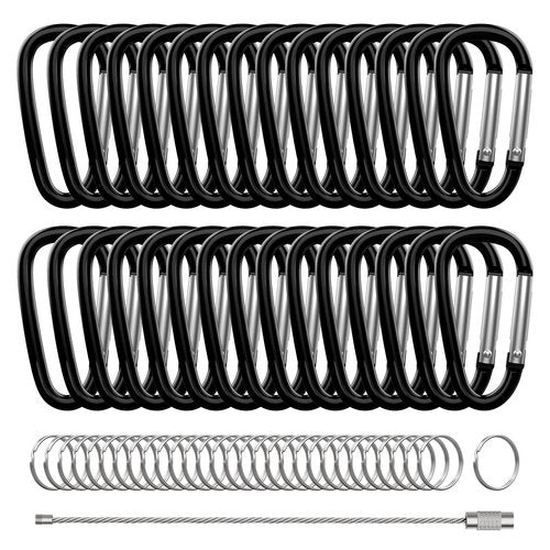 XIECHANEE 30PCS Aluminum Carabiner Clips, 2" D Shape Spring Snap Hooks Carabiner with 30PCS Keyring Keychain Hook, Black