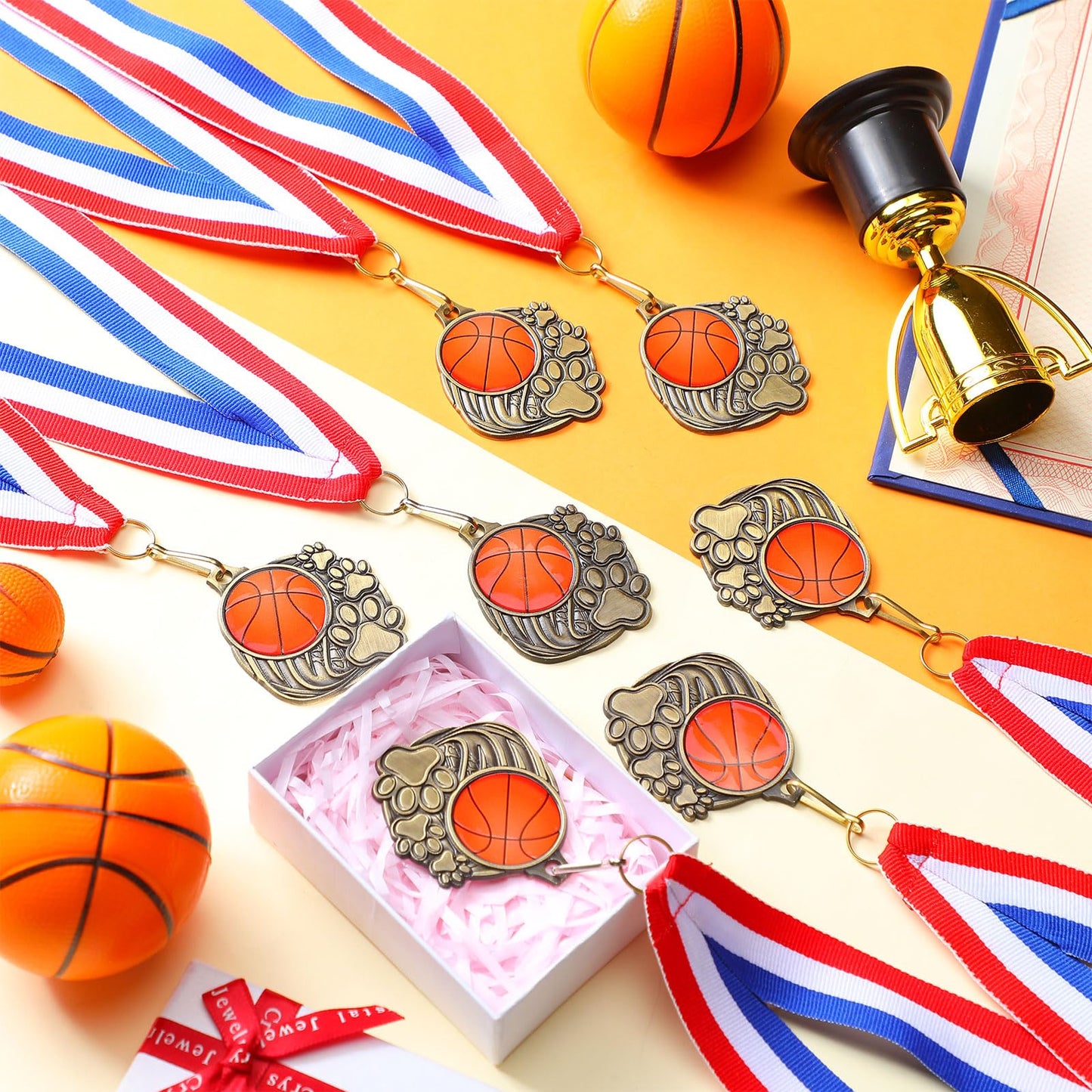 Trnayi 20 Pcs Basketball Paw Print Medals with Neck Ribbons 2'' Gold Medal for Awards Winner Encourage Team Participation for Kids Adults Trophy Award Prize Gift Team Competitions Party Favor Gifts