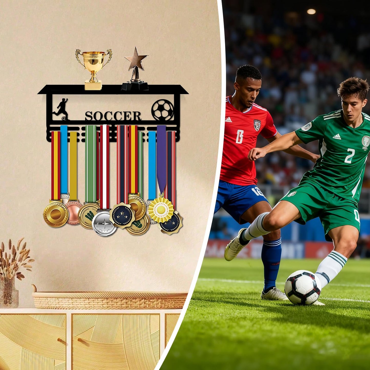 Resama World Cup Soccer Medal Hanger Holder Display Rack with Trophy Shelf, Holder for Awards Ribbons Personalized Medal Sports Themed Race Ribbon Holder for Wall Metal Display for Men Boy Girl Kid