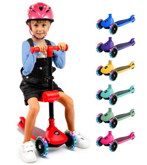 SereneLife 3 Wheel Foldable Kids Scooter - Foldable Seat, LED Wheel Lights, Adjustable Handlebar, Rear Foot Brake, Lean-to-Steer, Anti-Slip Deck, Ideal for Toddlers Kids 3+, up to 110Lbs, Red