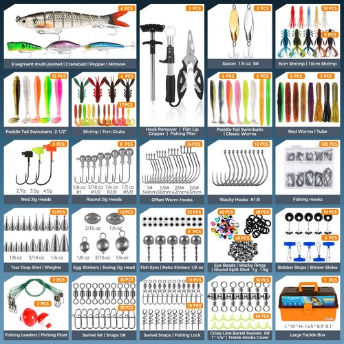 PLUSINNO Large 4-Layer Tackle Box with Tackle Included, 547Pcs Fishing Lures Kit - Pliers, Crankbait, Hooks, Weights & Accessories - Freshwater Bass Fishing Bait Lure Gear and Equipment, Gift for Men