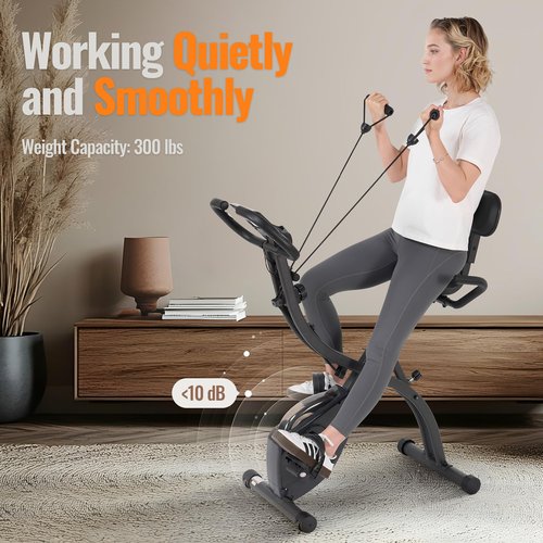 Folding Exercise Bike Stationary Bike Recumbent Exercise bike with 10 Level Adjustable Magentic Resistance and Arm Resistance Band LCD Display Support Backrest Wide Seat 300LB Capacity for Home Workout