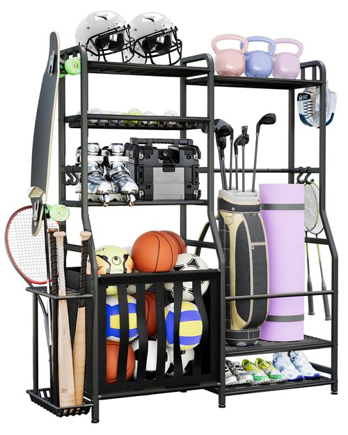 Faesun Garage Sports Equipment Organizer, Golf Bag Storage Rack, Heavy Duty Ball Holder with Basket & Hooks, Indoor/Outdoor Basketball Storage Bins for Toy Sports Gear Storage