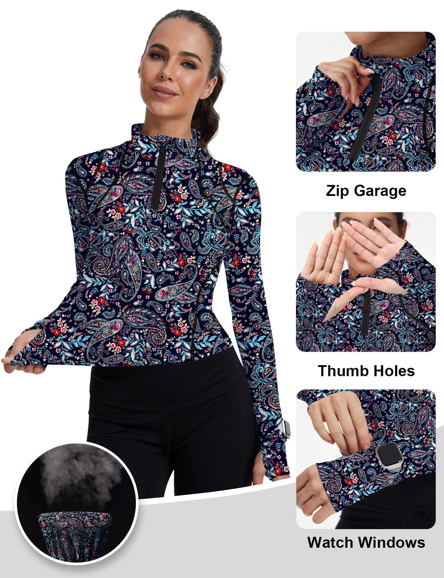 IECCP Workout Tops for Women Lightweight Quarter Zip Pullover Quick Dry Athletic Slim Fit Crop Yoga Tops Long Sleeve Golf Shirts (Boho Black,XS)