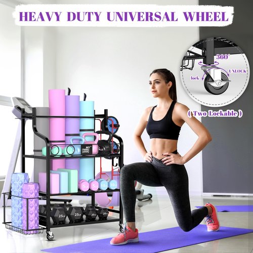 Mythinglogic Yoga Mat Storage Racks for Home, Gym Rack for Dumbbells Kettlebells Foam Roller, Yoga Strap and Resistance Bands, Workout Equipment Organizer With Hooks and Wheels