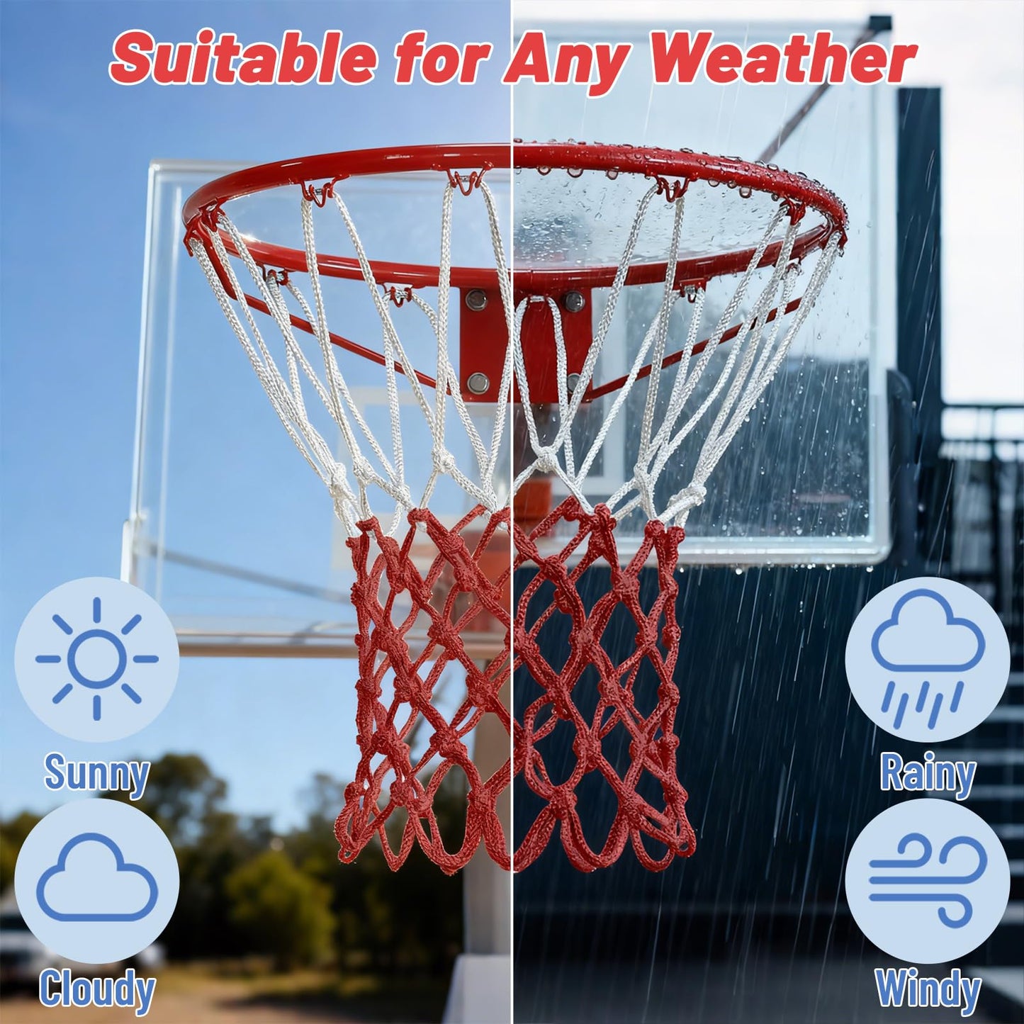 Basketball Net 2 Pack, Heavy Duty Basketball Net Replacement Weather Anti Whip Polyester Basketball Hoop Net Fits Standard Indoor Or Outdoor Court Use - Easy Install (Red White)