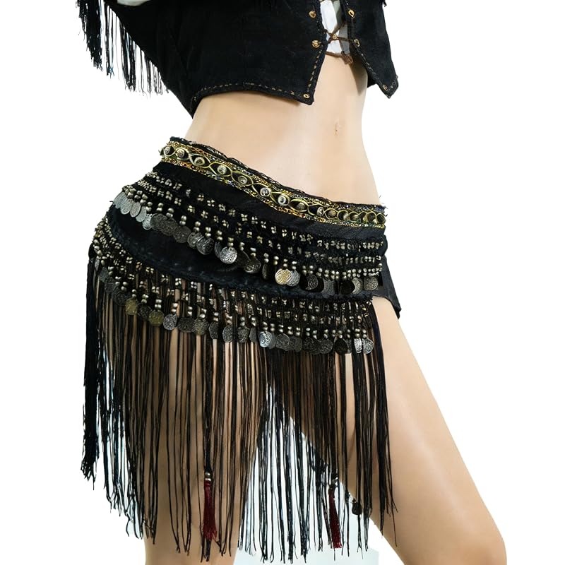 Black Large Velvet Belly Dance Tribe Belt Tassel Hip Scarves – Waist 66.93in
