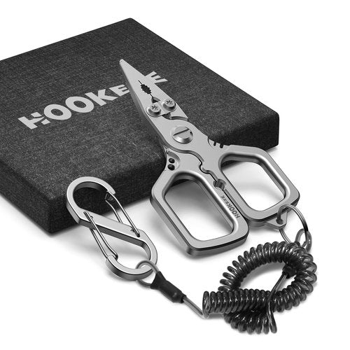 HOOK-EZE Titanium Fishing Pliers, 4.1" Saltwater Resistant Fishing Scissors,Tungsten Cutters, Knot Tying Tool with Lanyard, Split Ring Hook Remover, Gifts for Men