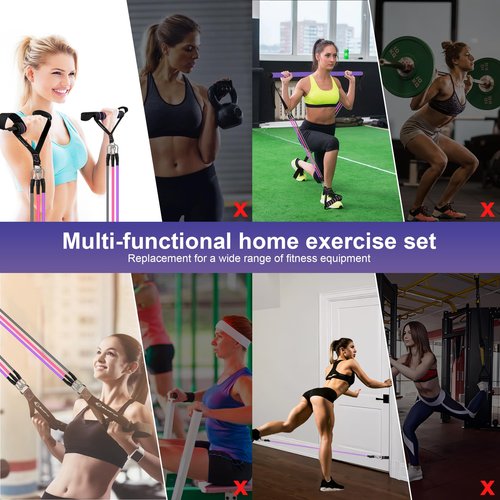 Portable Pilates Bar and Resistance Band Set with Handles. Multipurpose Home Gym with Door Anchor and Extension Belt, Supports Full-Body Workouts - with Fitness Poster and Video