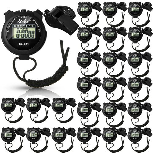 Simgoing 48 Pcs Digital Stopwatch Timer Plastic Whistle Bulk for Sports Coaches Referee Waterproof Watch Timer Whistle with Lanyard Multi Function Electronic Fitness Date Alarm (Black)