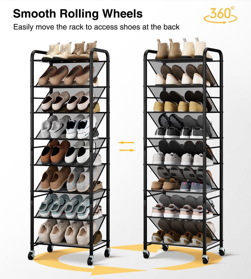 STO STO 8-Tier Narrow Shoe Rack with Lockable Wheels, Double-Sided Vinyl Mesh Shelf Shoe Organizer for Up to 30 Pairs, Slim Space Saving Metal Rolling Shoe Storage for Entryway, Closet, Hallway