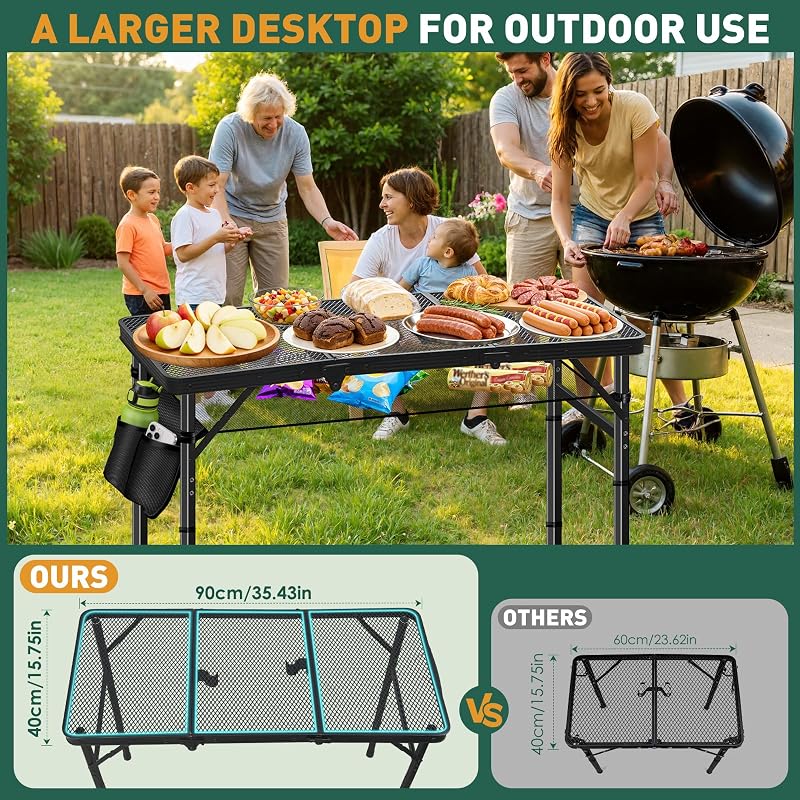 3ft Aluminum Folding Camping Table with 3 Heights, Stain-Resistant, 66 lb Capacity
