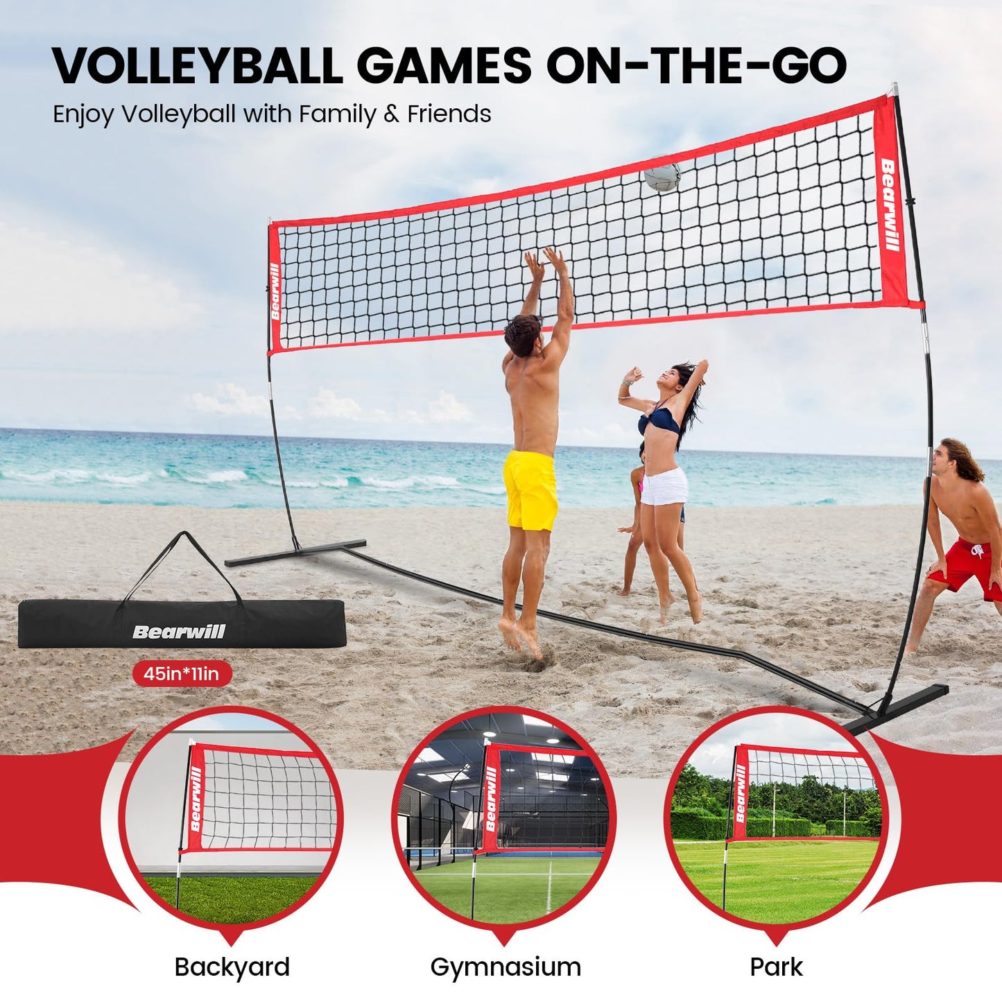 Bearwill Volleyball Net, 12FT Portable Volleyball Net for Backyard, Freestanding Volley Ball Set Height Adjustable with Carry Bag, Volley Ball Practice Nets Training Equipment for Indoor and Outdoor