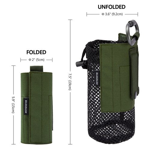 BASSDASH Tactical Molle Water Bottle Pouch with Carabiner Foldable Mesh Holder Bag for Travel Fishing Hunting Hiking Outdoor Activities