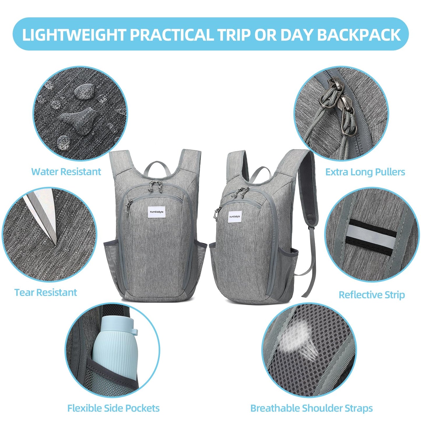 HumbleByte 10L Foldable Lightweight Backpack – Packable Travel Daypack for Hiking, Cycling & Everyday Use – Water-Resistant Travel Bag with Multi-Pocket Design for Women & Men(Gray)