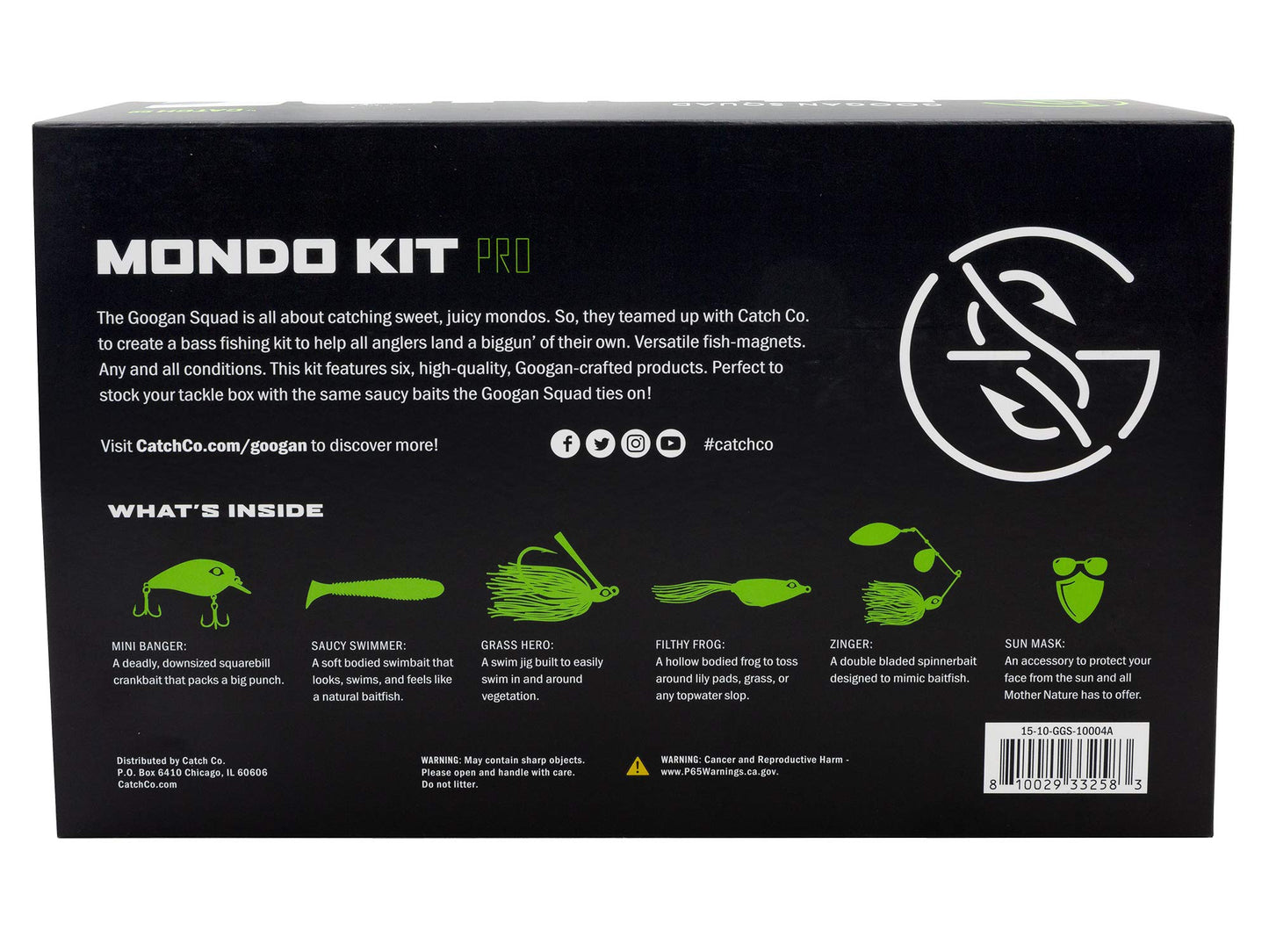 Catch Co Googan Squad Bass Fishing Mondo Kit PRO | Googan Squad Mini Banger, Zinger, Grass Hero, Filthy Frog, Saucy Swimmer, and Necko Sun Mask