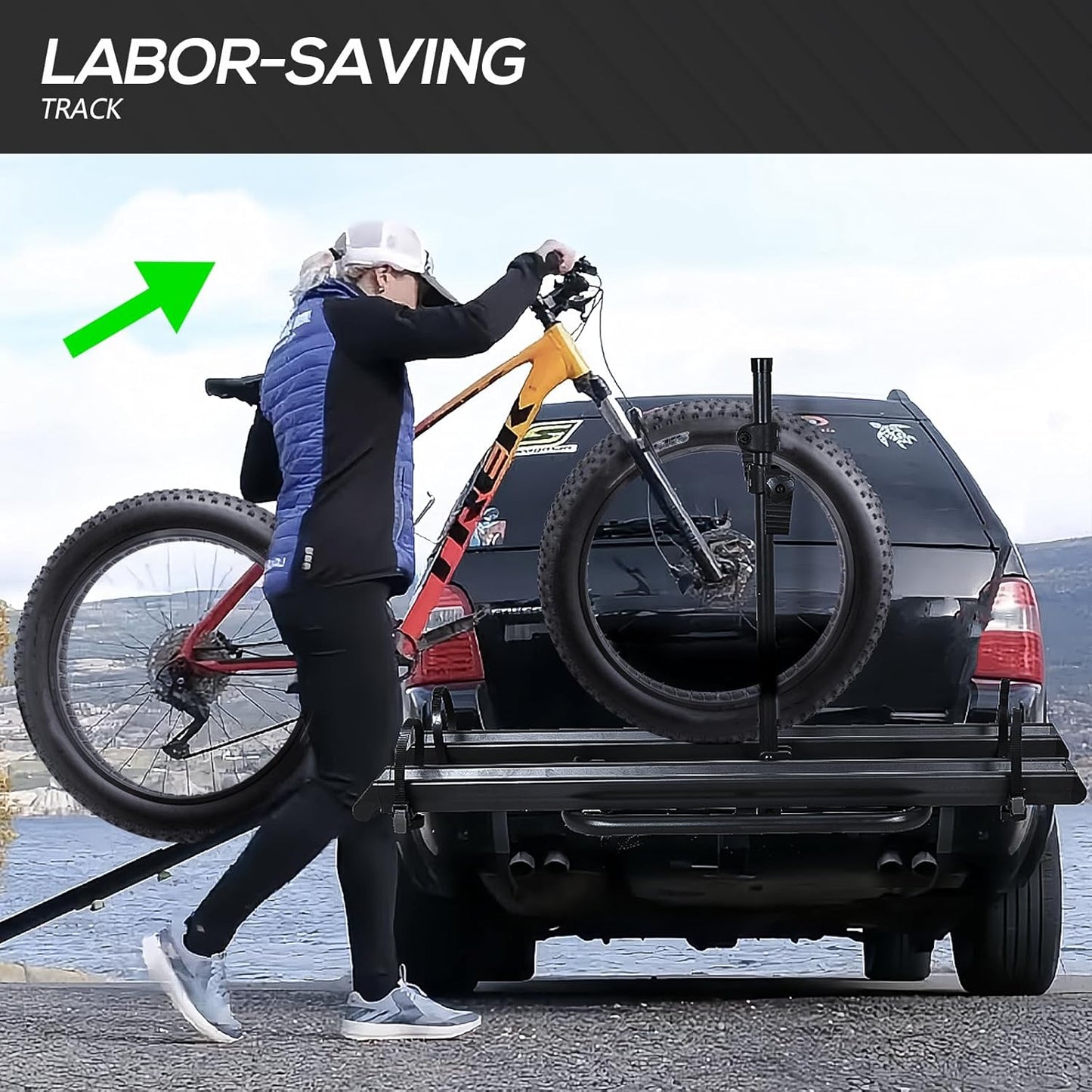 2 EBike Rack up to 5" with Ramp, Foldable & Lockable Bike Racks, 200 LBS Capacity Fat Tire Carrier, Electric Bicycles Racks Platform for Standard, Fits 2" Hitch for SUVs Cars Trucks Vans
