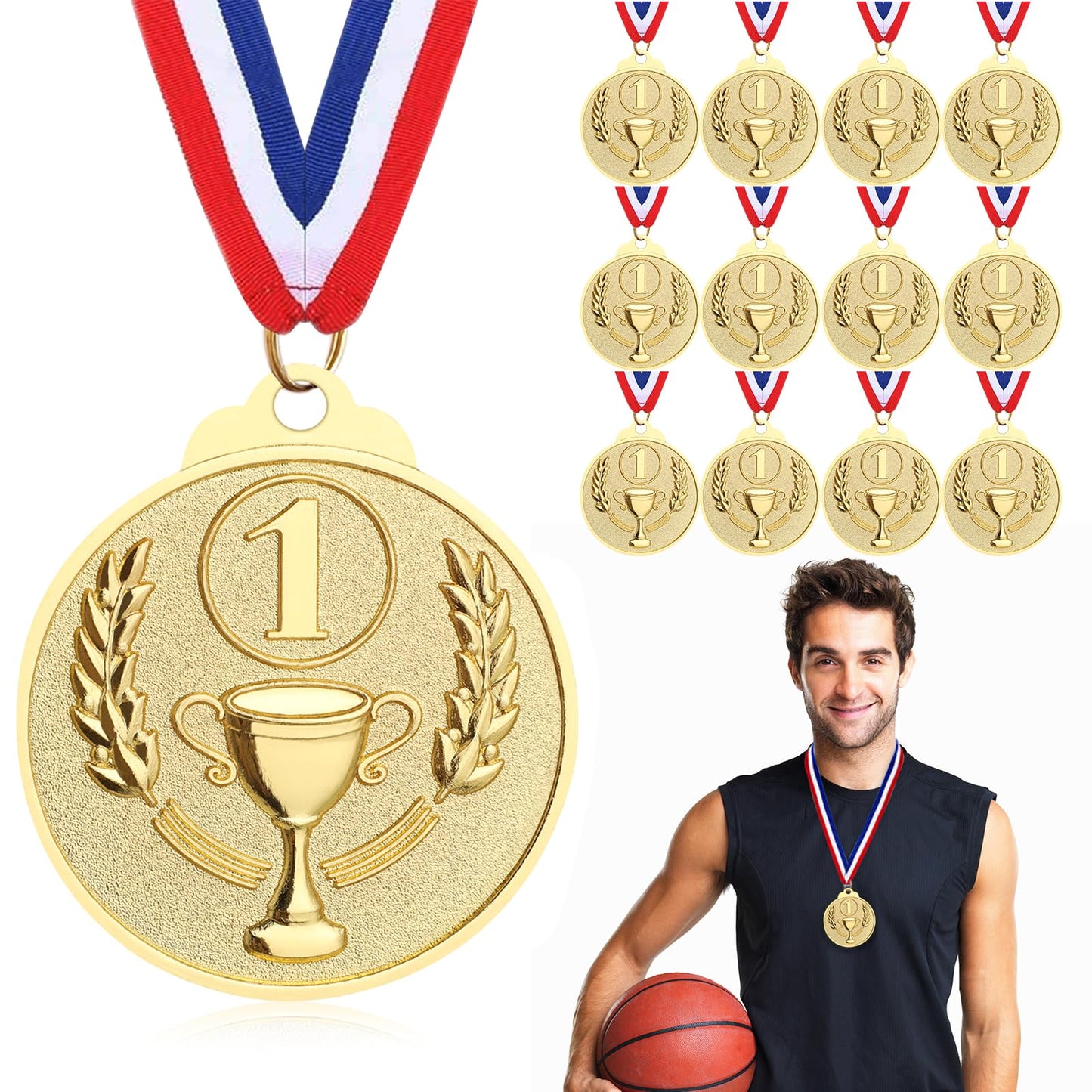 Hianjoo 12 Pcs Gold Medals for Awards, 1st Place Award Medal for Teens Adults, Metal Award Medals with Neck Ribbons for Sports, Tournaments, Competitions, 2 inch