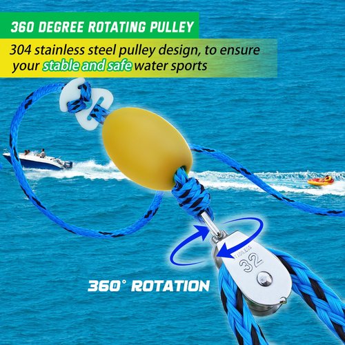 ASVAEVAS Self Centering Boat Tow Harness for Tubing, Boat Tow Rope Harness with Pulley and Large Hooks for Towing 1-4 Riders Towable Tubes, Pulling Water Skiing, Wakeboarding
