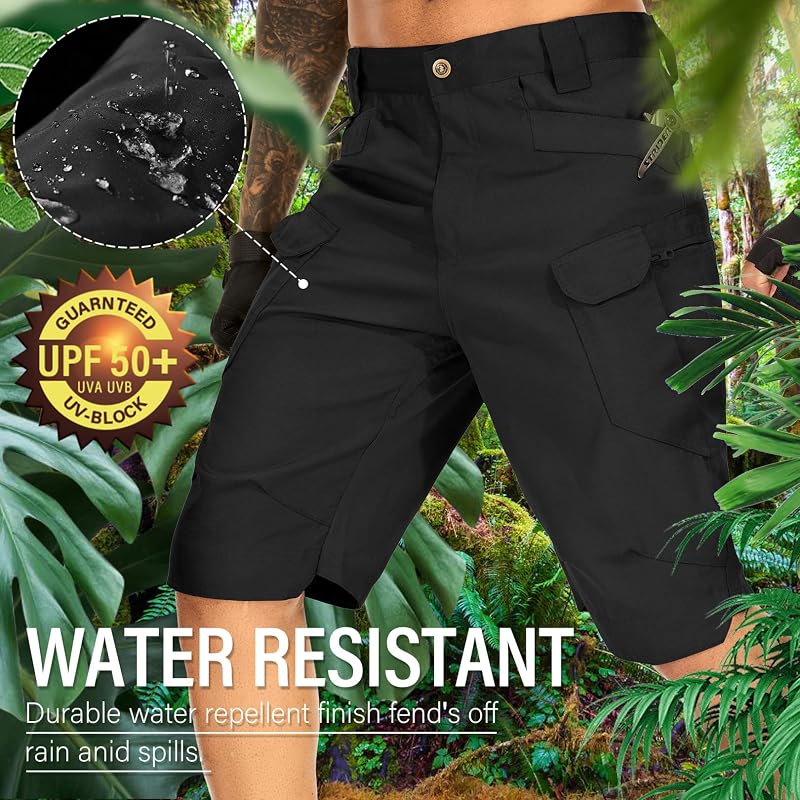 Mens Work Shorts Cargo Tactical Outdoor Short - Quick Dry, 8-Pocket, Black+36