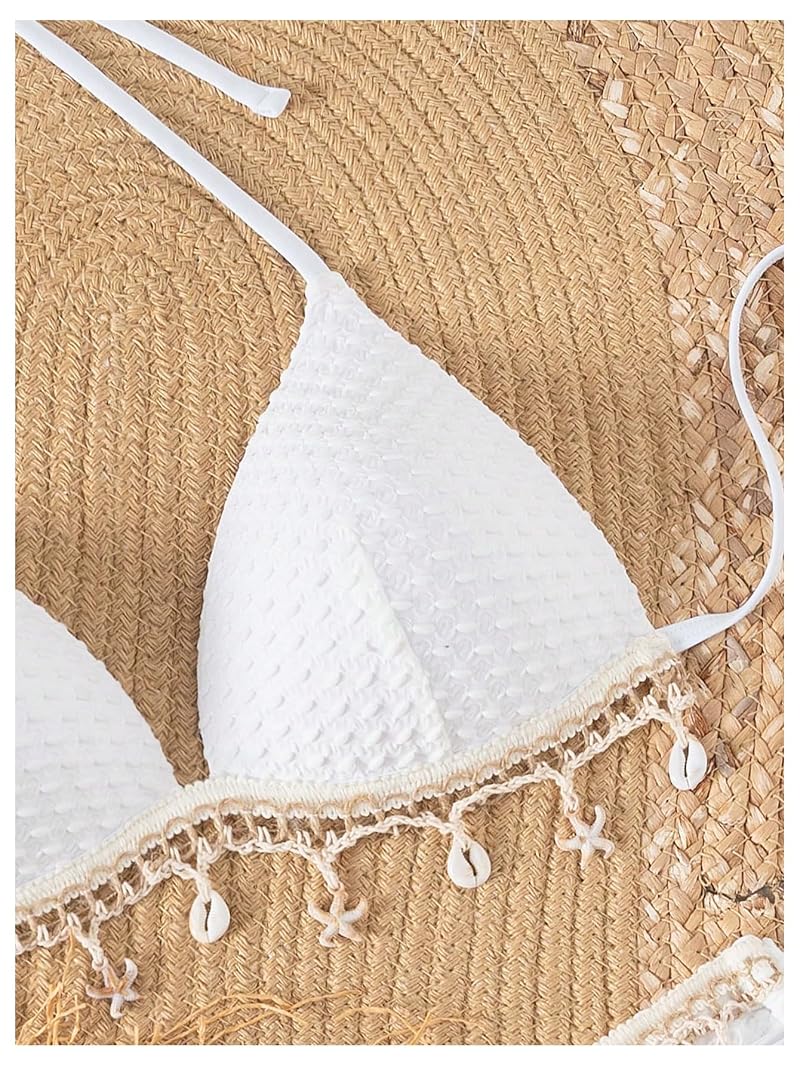 Push Up Seashell Bikini Set for Women - Textured Triangle Top & Low Waist Bottom, White, Small