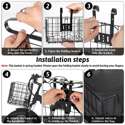 Black Bike Basket Front/Rear Large Capacity Foldable Heavy Duty Bicycle Baskets with Removable Liner Bag Strip for Adult Bikes Carrying Small Dogs Cats Pets Grocery Fruit, Large Quick Release Design
