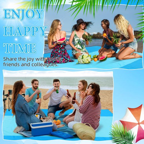 Drydiet 10 x 9 ft Beach Blanket Sandproof Waterproof Extra Large Beach Mat for 2-8 Adults Quick Drying Outdoor Picnic Blanket Lightweight Oversized Sand Free Mat for Travel Camping Hiking(Blue Cyan)