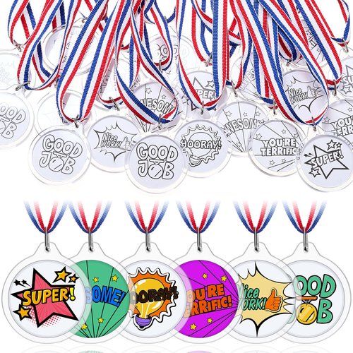 Loetere 24 Sets DIY Blank Medals for Kids, Design Your Own Award Medals with Colorable Sheets and Blank Sheets, Custom Acrylic Awards Kit with Ribbon for Back to School Field Day Games Prize Gifts