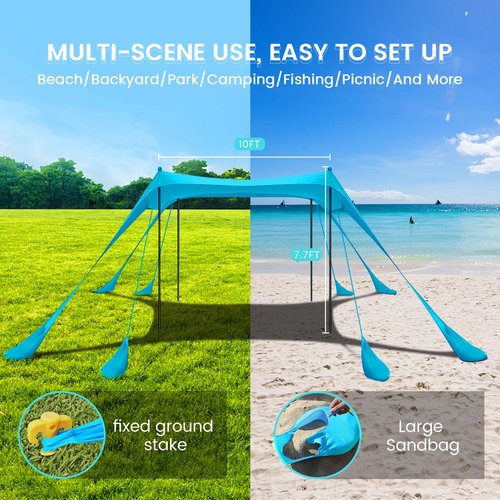 Beach Tent Sun Shelter 10x10FT Beach Shade Canopy with 8 Sandbags, UPF 50+ Protection Beach Shade Canopy, Outdoor Tent for Beach