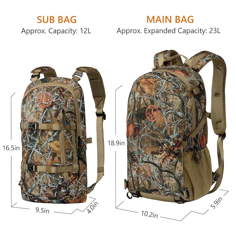 Autumn Forest 35L Hunting Backpack with Detachable Sub Bag & Bow/Rifle Pocket, Rain Cover