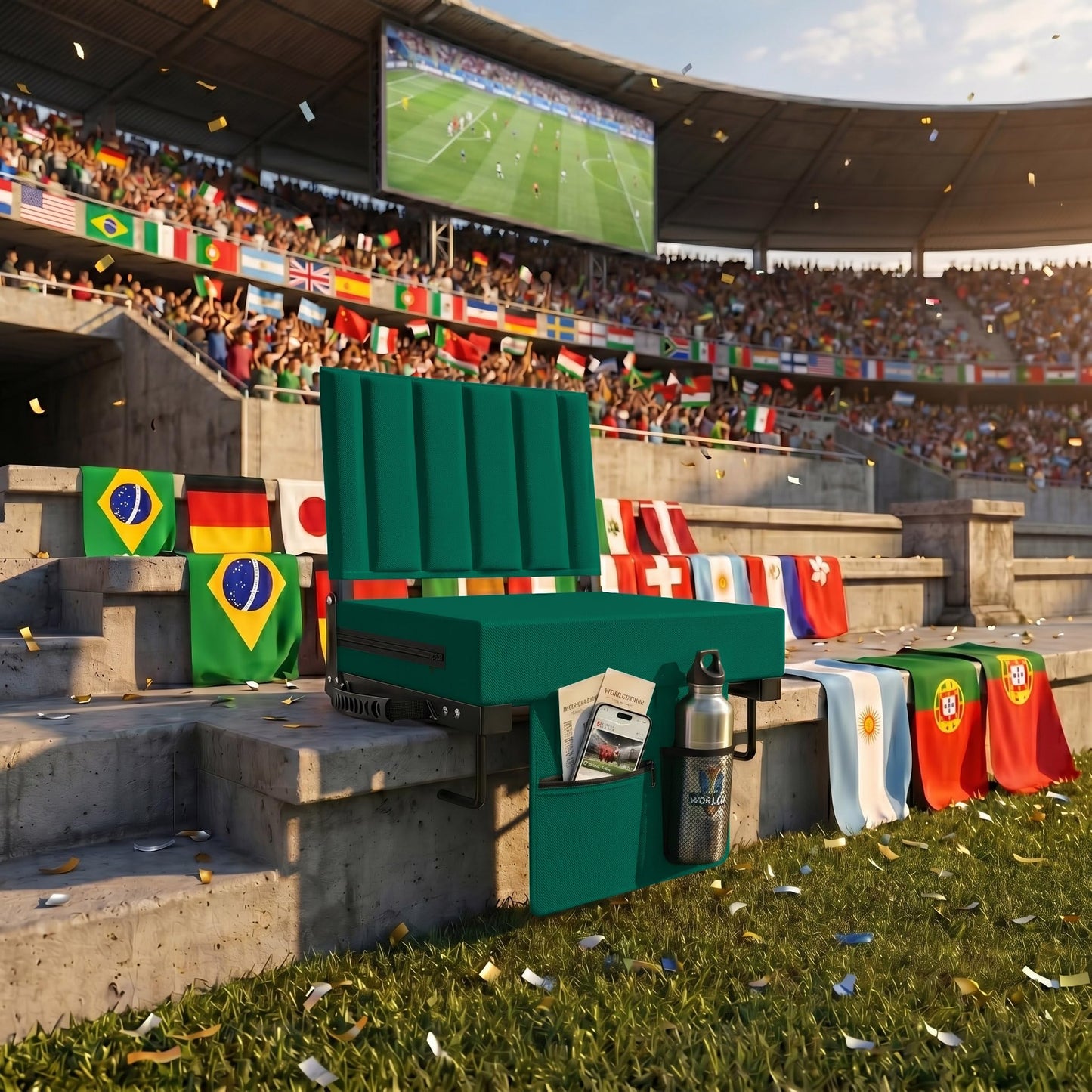 Halituny Stadium Seat for Bleachers with Back Support, Portable Bleacher Seat with Wide Comfy Padded Cushion, Metal Hook, Folding Stadium Chair with Shoulder Strap, Carry Handle, Cup Holder, Green