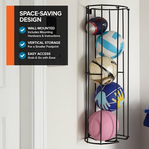 Vertical Ball Storage Rack, Wall-Mounted Garage Sports Equipment Organizer, Soccer Ball, Volley Ball, Football, and Basketball Holder, Space-Saving Vertical Ball Rack for Garage, Gym, or Playroom