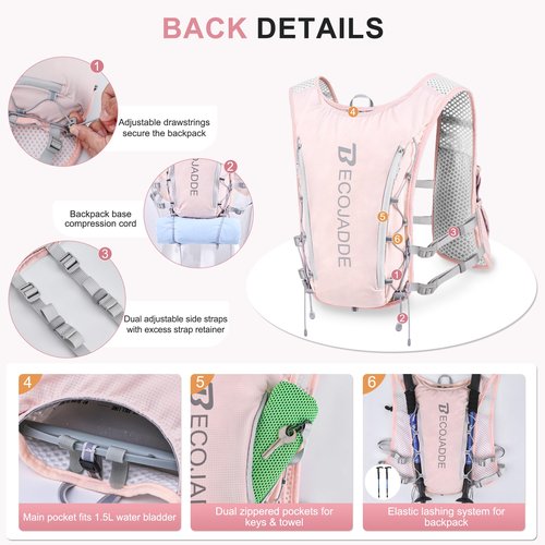 BECOJADDE Running Vest Hydration Backpack for Men Women, 5L Lightweight Running Backpack Hydration Pack for Marathon, Trail, Cycling, Hiking, Jogging Pink