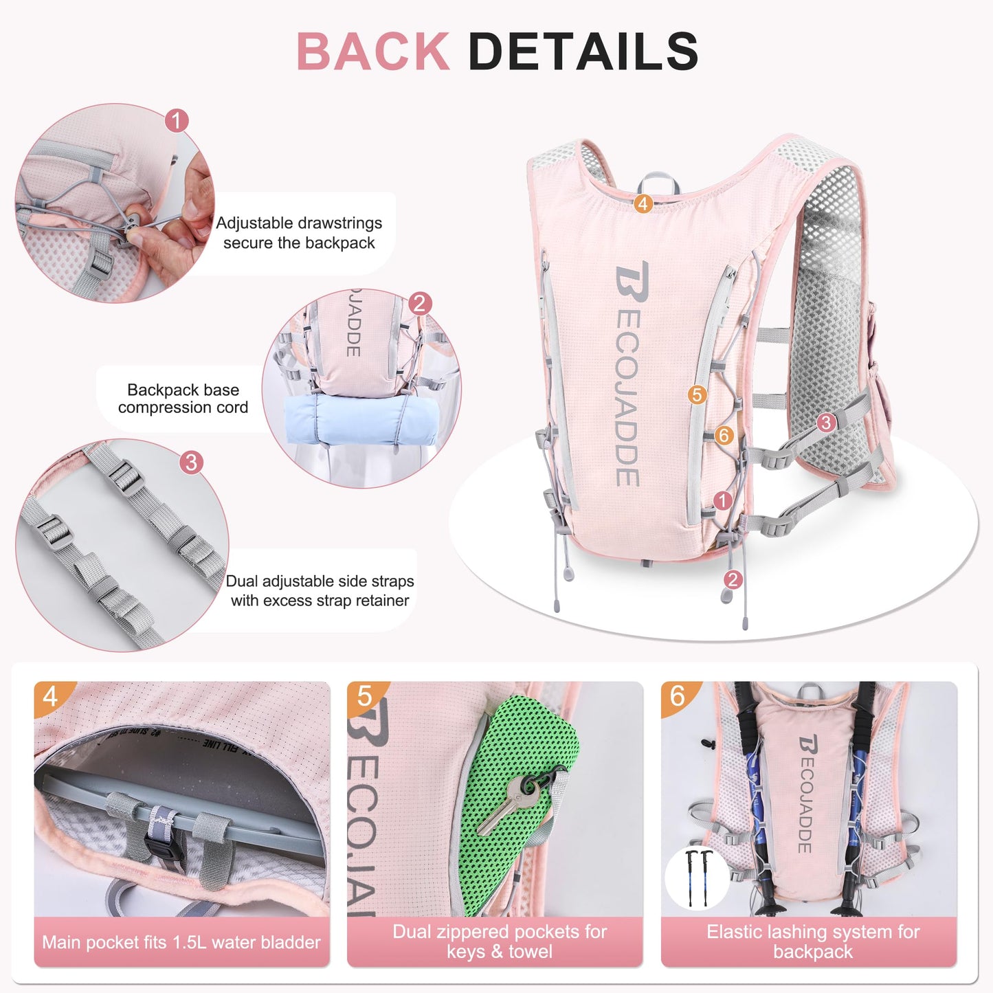 BECOJADDE Running Vest Hydration Backpack with Two 500ML Soft Water Bottles for Men Women, 5L Lightweight Running Pack Hydration for Marathon, Trail, Cycling, Hiking, Jogging Pink