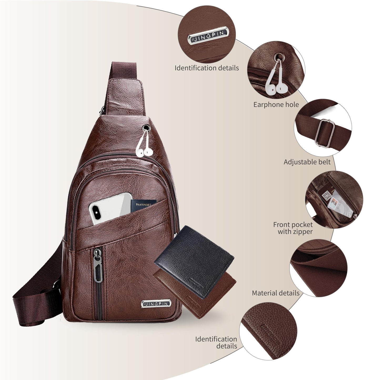 2 Pack Sling Bag Set, PU Leather Sling Bag with Classic Wallet, Multi-Zipper Design for Travel, Outdoors