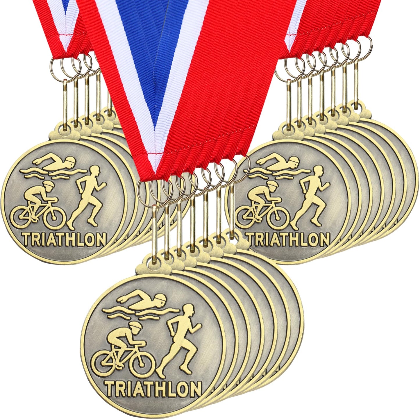 Remuuly 30 Pcs Gold Medals Bulk 2'' Basketball Soccer Baseball Volleyball Football Lacrosse Kickball Cheer Bowling Trophy Medals for Awards for Sports Participation Winner Gift (Gold,Triathlon)