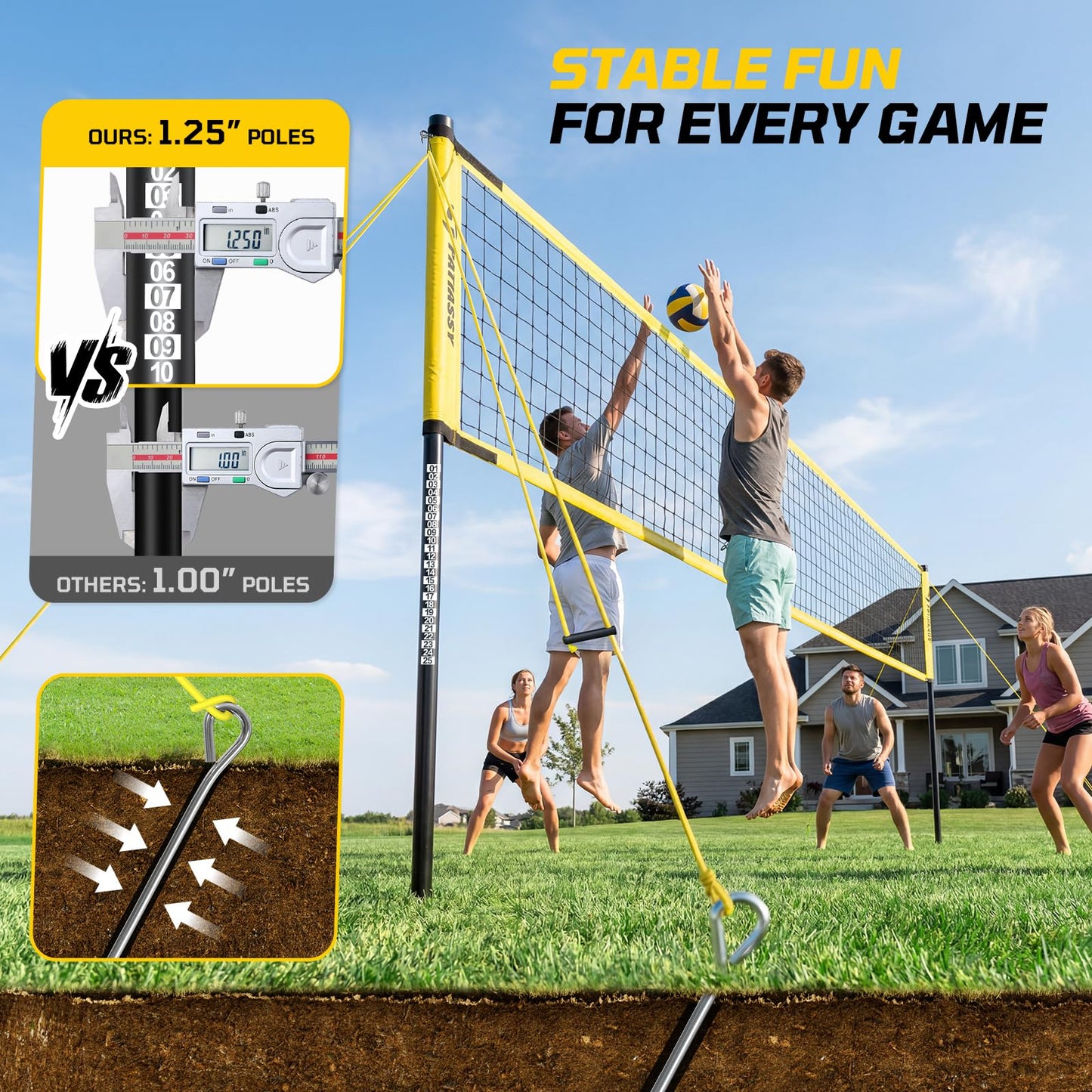 Outdoor Volleyball Net System, 32FT Regulation Size Anti-Sag Net, Quick Setup Adjustable Height Poles, Volleyball Set with Pump, Boundary Line and Carry Bag for Backyard Beach Lawn
