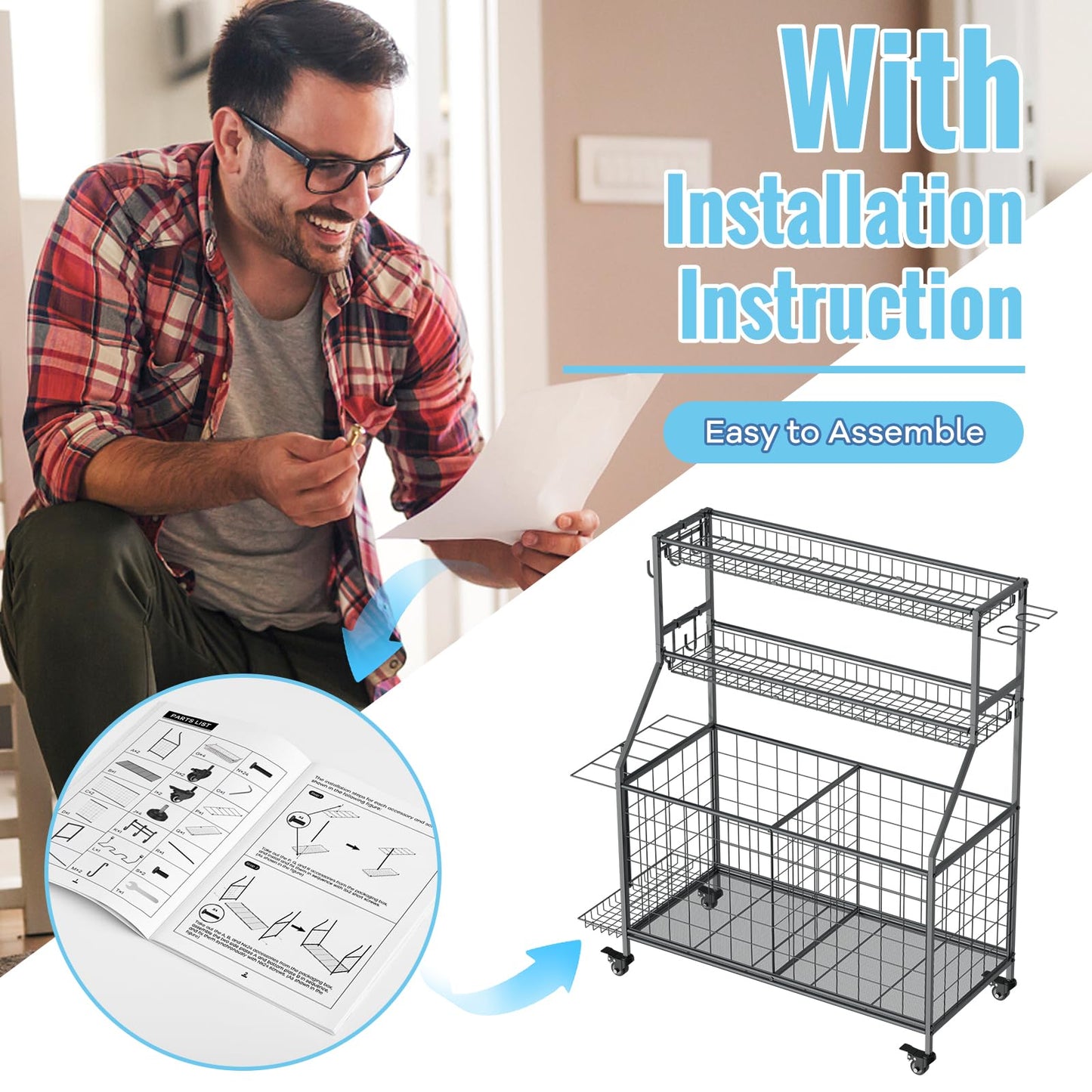 WUC Sports Equipment Garage Organizer - Garage Ball Storage Rack with Basket, Hooks and Rolling Cart for Sports Gear and Toy Storage, Grey