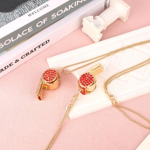 lasuroa 2pcs Bling Whistle, Metal Crystal Rhinestone Whistles Loud Crisp Sound Sports Whistle with Chain Lanyard Gifts for Teacher Referee Official Lifeguard Basketball Training (Gold, Red)