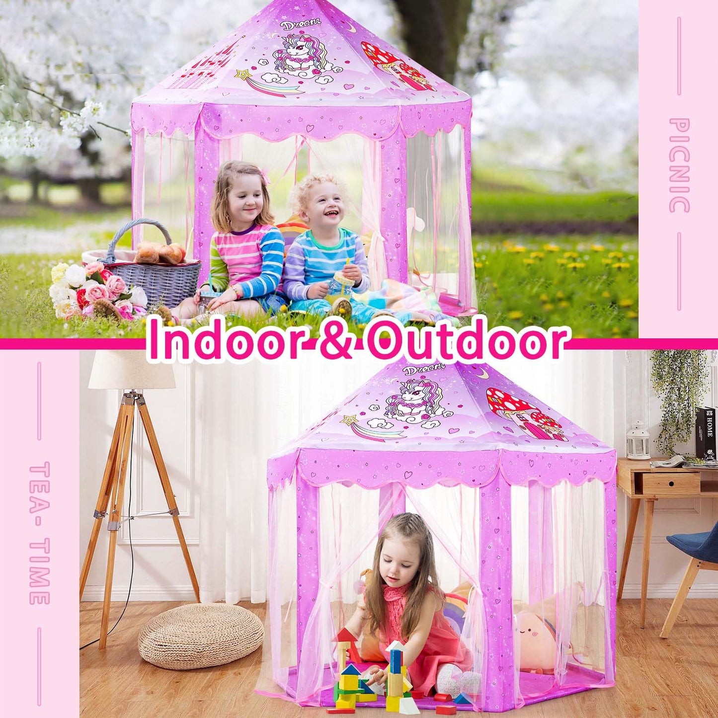 Monobeach Princess Tent Girls Unicorn Large Playhouse Kids Castle Play Tent with Star Lights Gift Toy for Children Indoor and Outdoor Games, 55'' x 53'' (DxH)