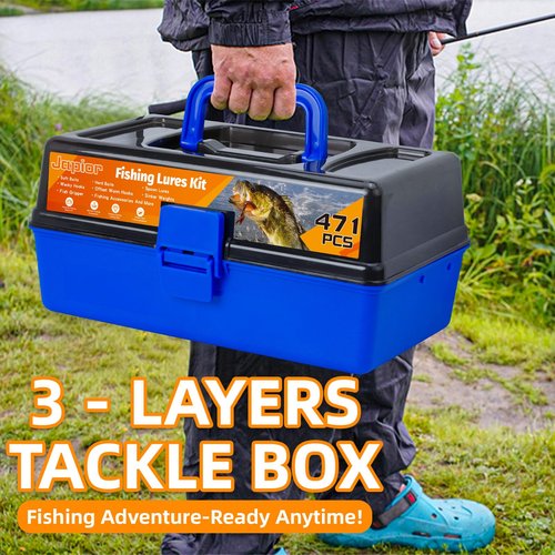 Japior Large 3 Layers Tackle Box with Tackle Included - 471 Pcs Fishing Gear Accessories Kit Contains Minnow,VIB,Crankbaits,Hooks, Weights,Other Accessories Fishing Gifts for Men and Adults