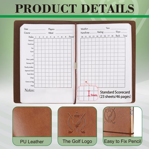 ARCHEREST Golf Scorecard Book with Pencil, Waterproof Leather Golf Scorecard Notebook Log Journal Holder with Pages for Men Golfers, Sports and Outdoor Club Accessories, Brown
