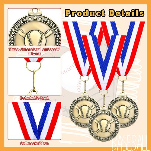 Remuuly 60 Pcs Gold Award Medals 2 Inch Soccer Baseball Volleyball Football Cheer Trophy Medals Metal Awards Bulk with Neck Ribbons Trophy Prize Gifts for Sports Competitions (Baseball)