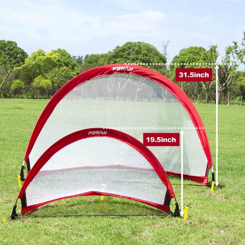 Poray Soccer Goal for Kid Easy-up Set of Two Portable Soccer Net 210D Oxford with 8 Field Marker Cones Extra Stakes Fun for Backyard and Soccer Training (2.5FT Long Red Goal Set)