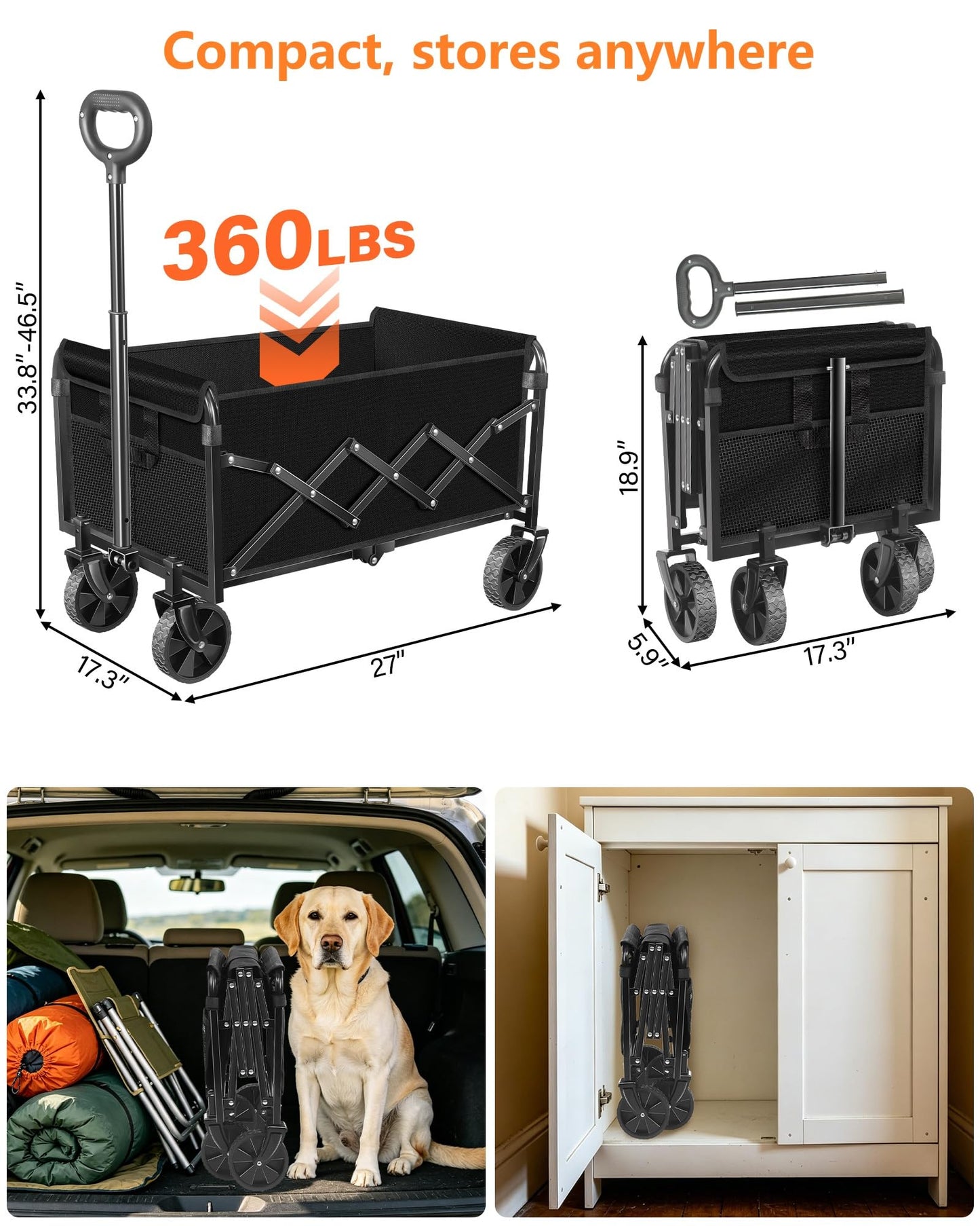 Wagons Carts Foldable, Collapsible Folding Wagon, Portable Folding Wagon Cart with Wheels, Outdoor Utility Carts for Groceries, Camping, Sports, Shopping, Black