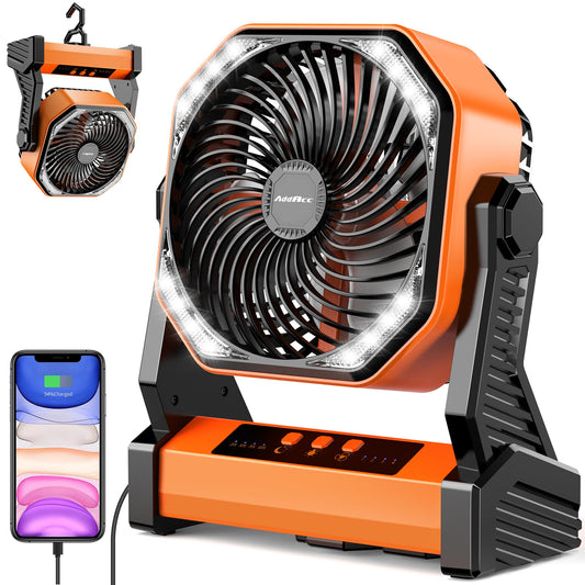 20000mAh Camping Fan, Rechargeable Portable Fan with 400 Lumes Light, 360° Rotatable Hook, 270° Pivot, 4 Speeds, 58Hrs Battery Powered for Tent Car Trip Outdoor BBQ Hurricane Power Outages