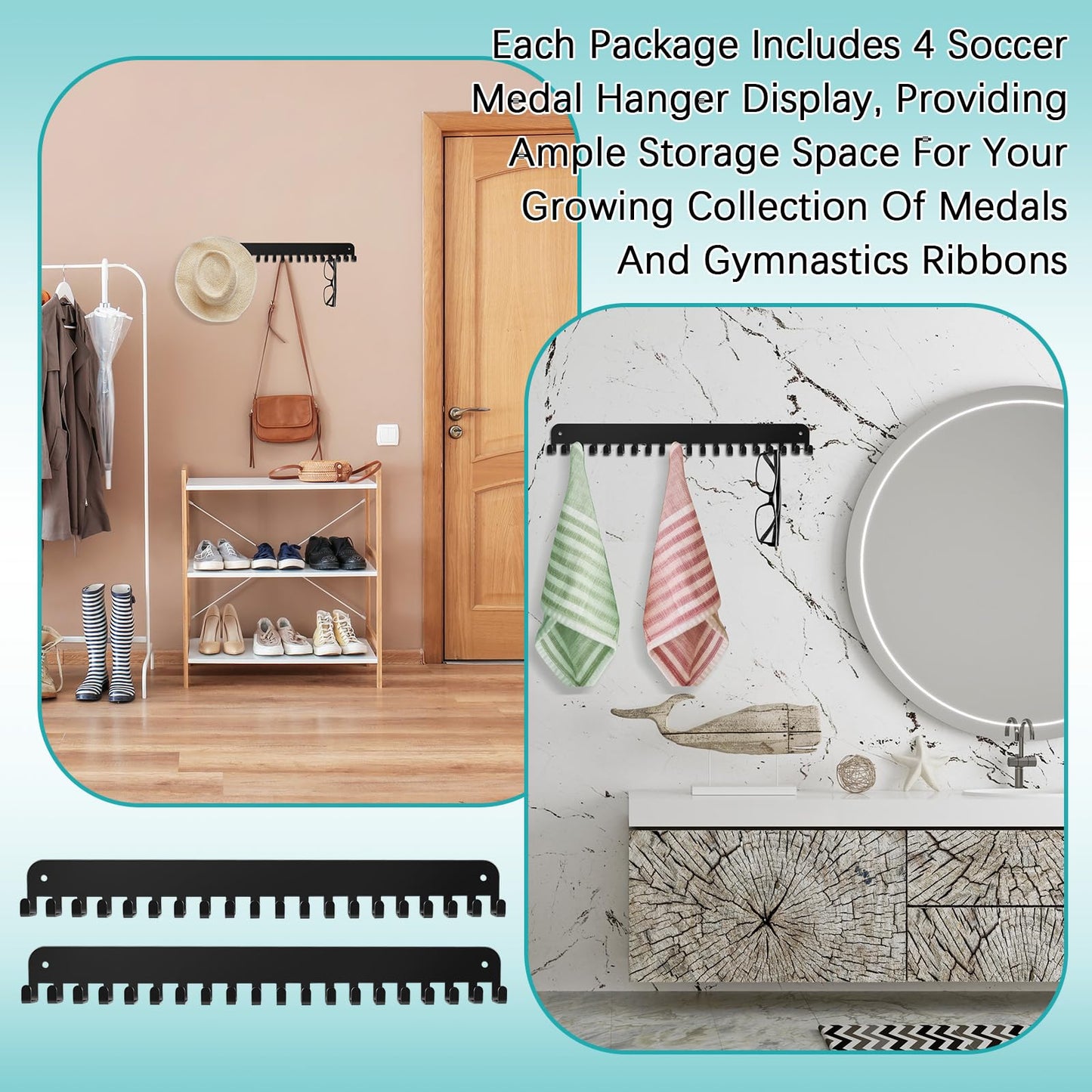 Geetery 4 4 Pack Medal Hanger Display with 20 Hooks Each, Sturdy Steel Wall Mount Medal Holder Rack Holds 60+ Awards for Gymnastics Marathon Sport Runner Soccer Wrestle Swim, Easy to Install (Black)